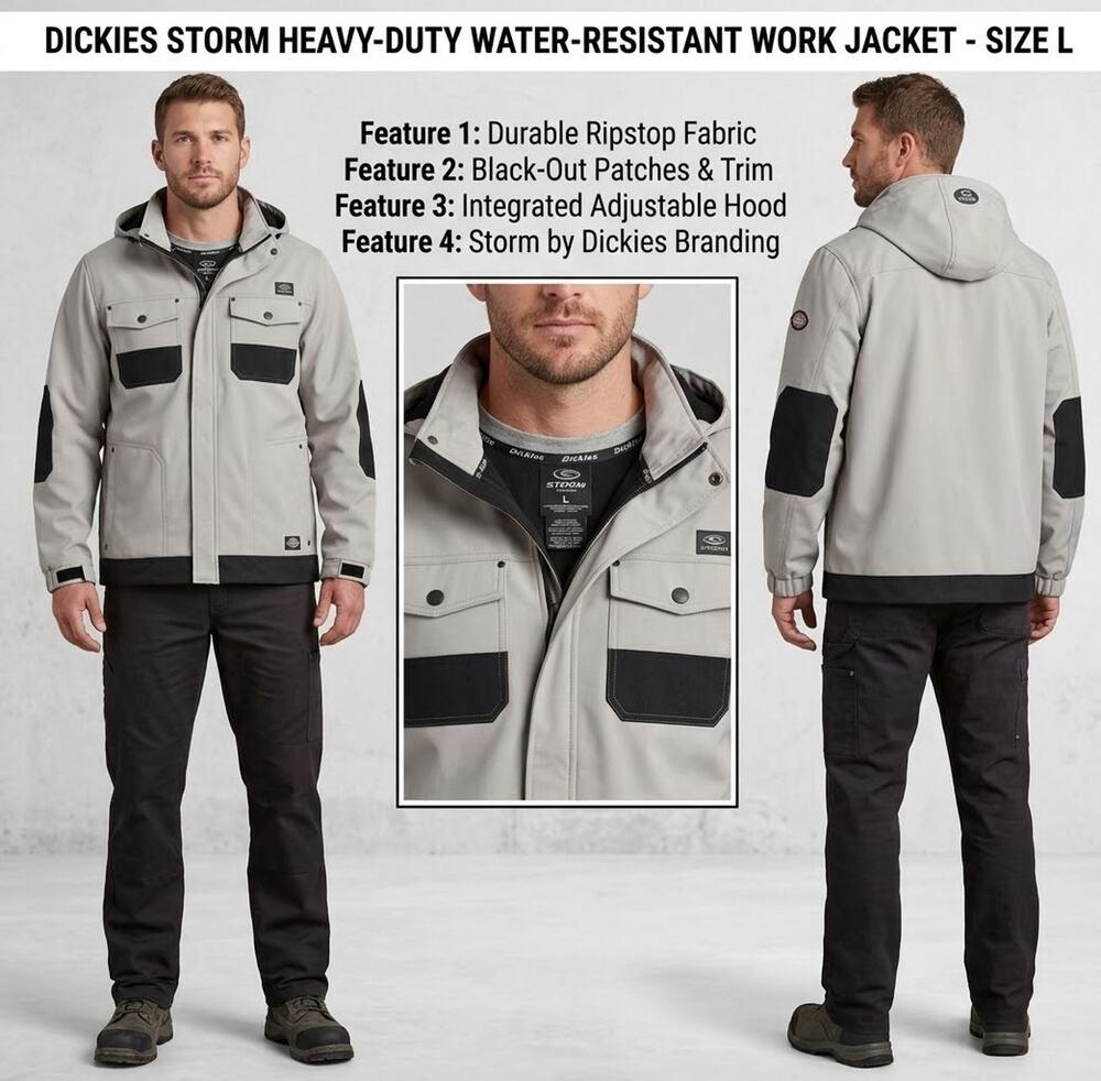 Storm by Dickies Mens Large Gray Black Hooded Softshell Work Jacket Coat
